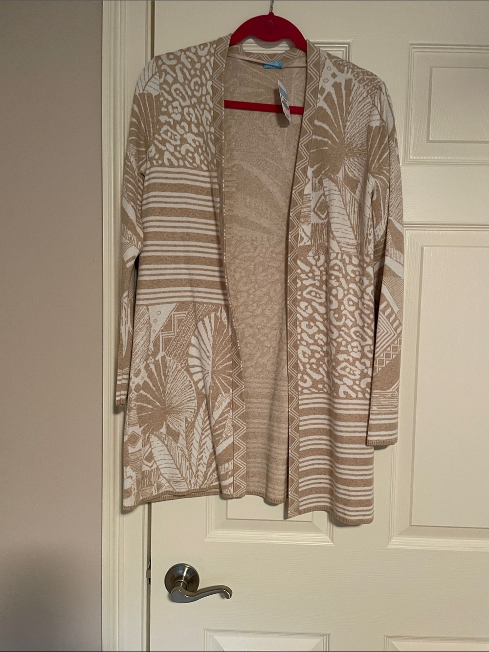 Beige and White Patterned Open-Front Women's Cardigan Sweater NWT